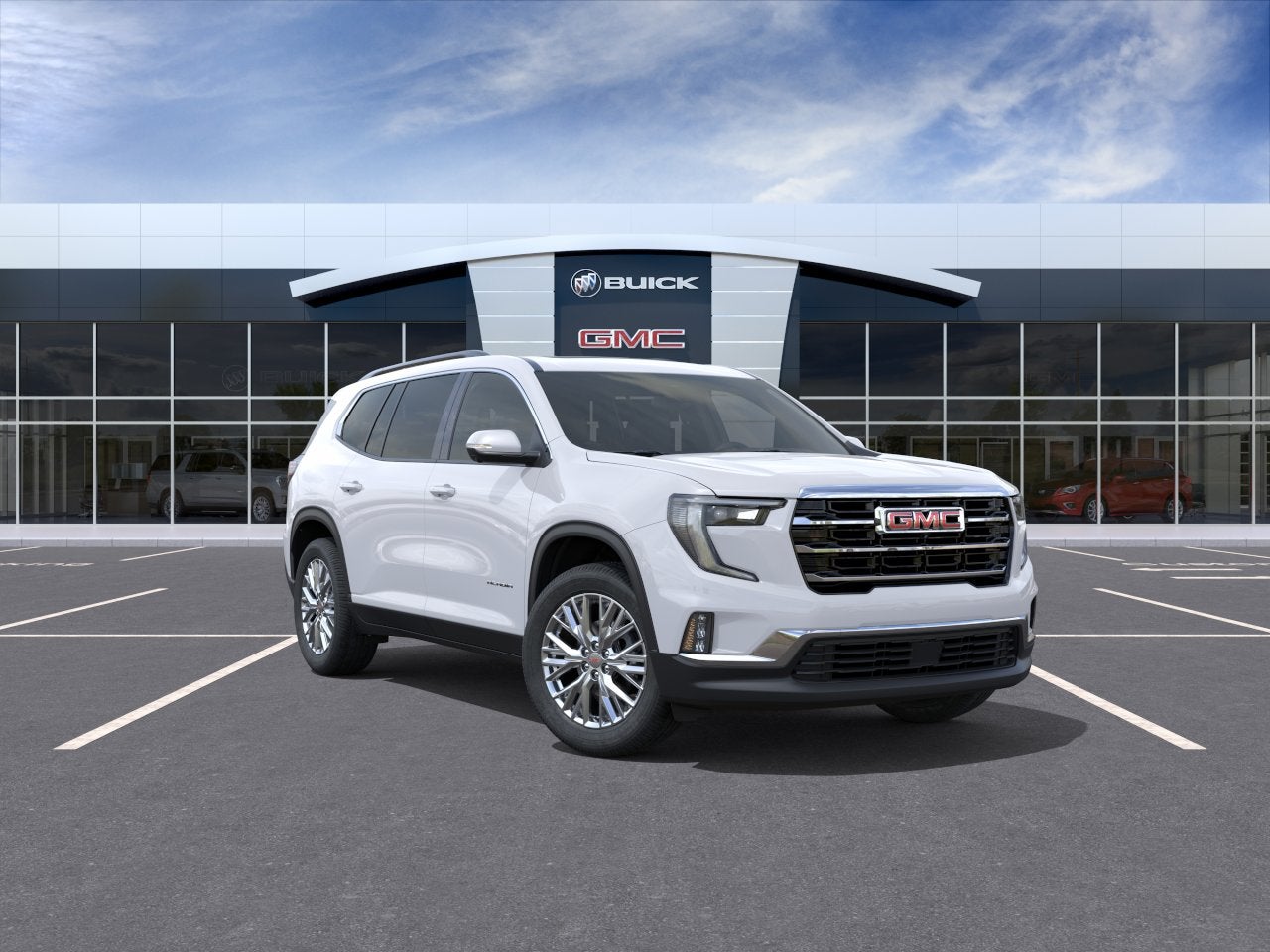 2026 GMC Acadia Elevation in Summit White — front three-quarter view
