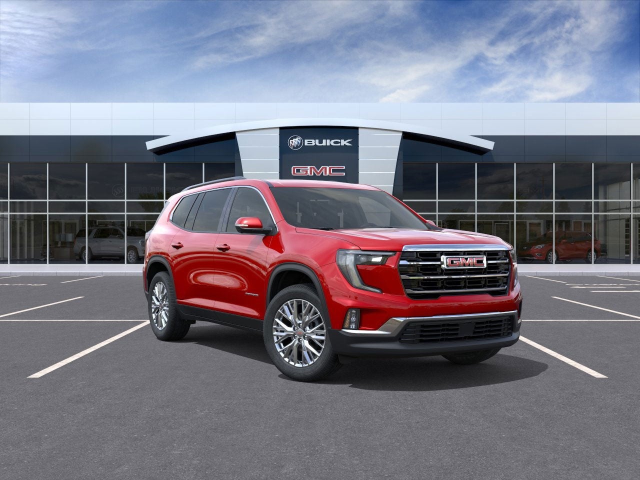 2025 GMC Acadia Elevation in Volcanic Red Tintcoat — front three-quarter view