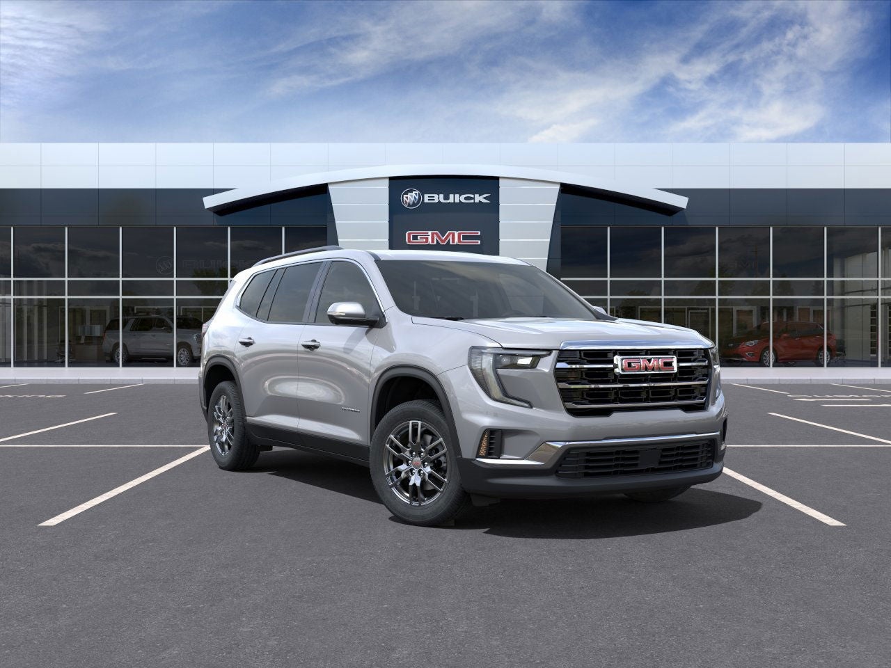 2025 GMC Acadia Elevation in Sterling Metallic — front three-quarter view