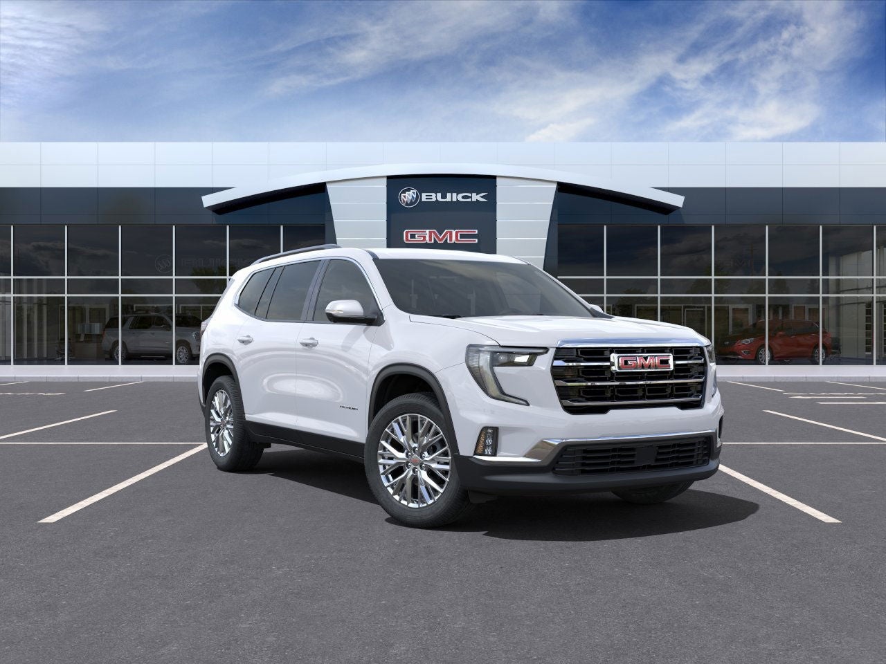2025 GMC Acadia Elevation in Summit White — front three-quarter view