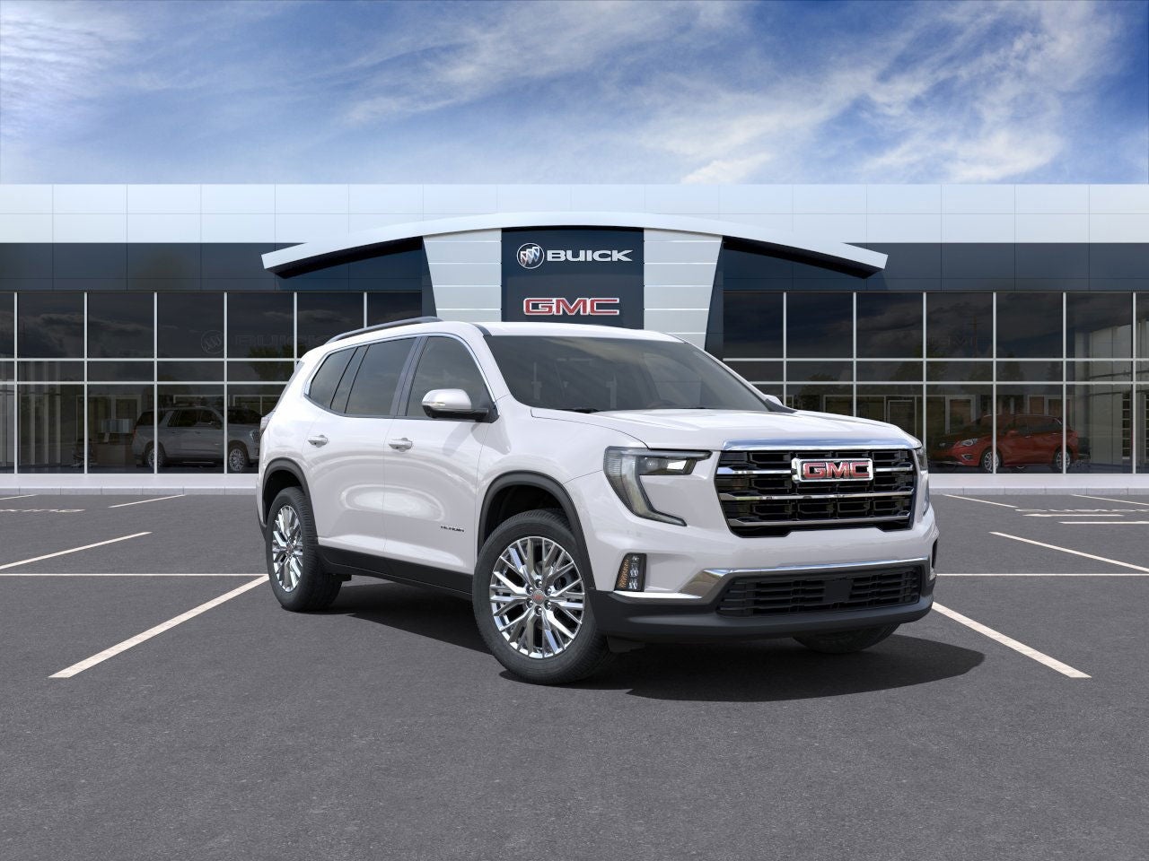 2025 GMC Acadia Elevation in White Frost Tricoat — front three-quarter view