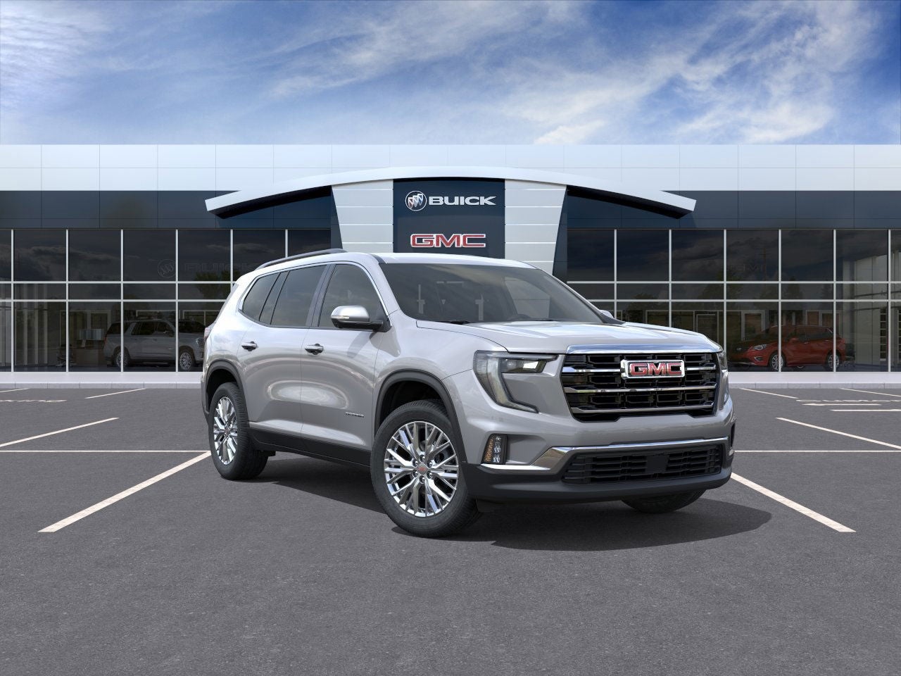 2025 GMC Acadia Elevation in Sterling Metallic — front three-quarter view