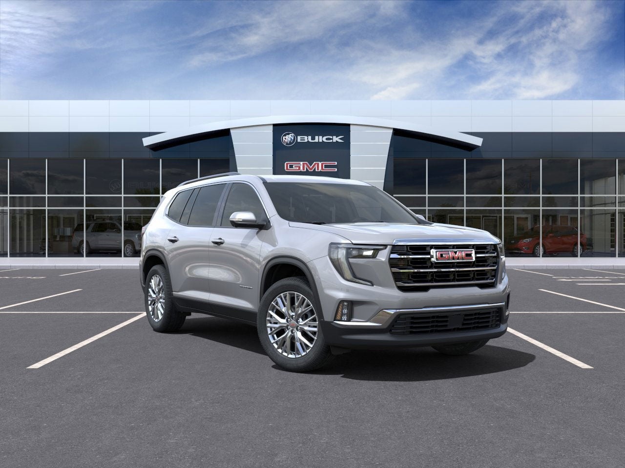 2025 GMC Acadia Elevation in Sterling Metallic — front three-quarter view