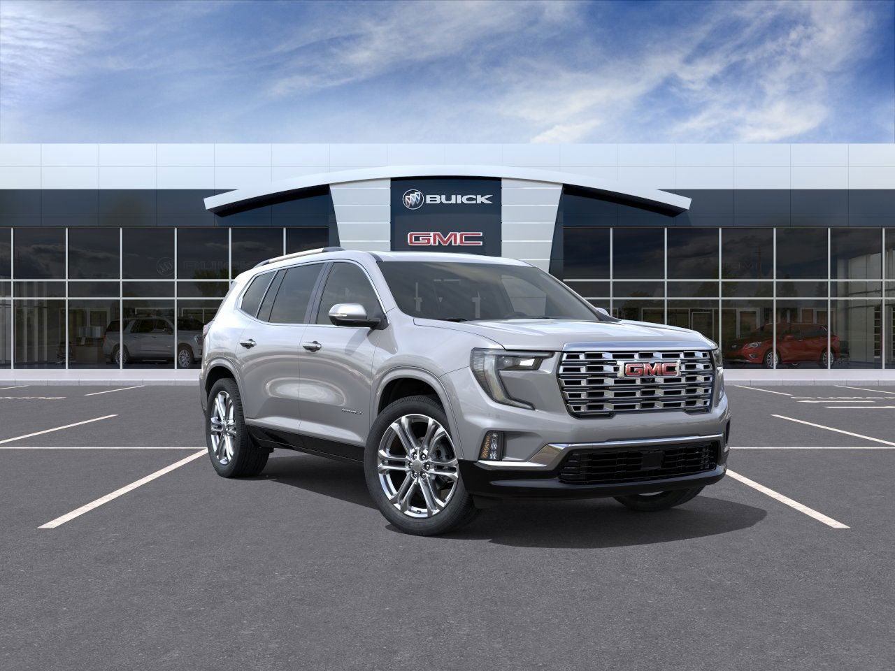 2026 GMC Acadia Denali in Sterling Metallic — front three-quarter view