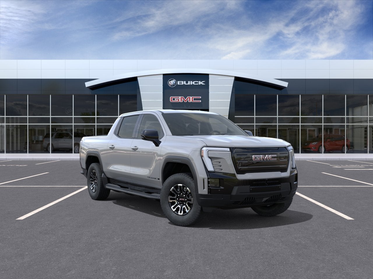 2026 GMC Sierra EV Elevation Standard Range in Thunderstorm Gray — front three-quarter view