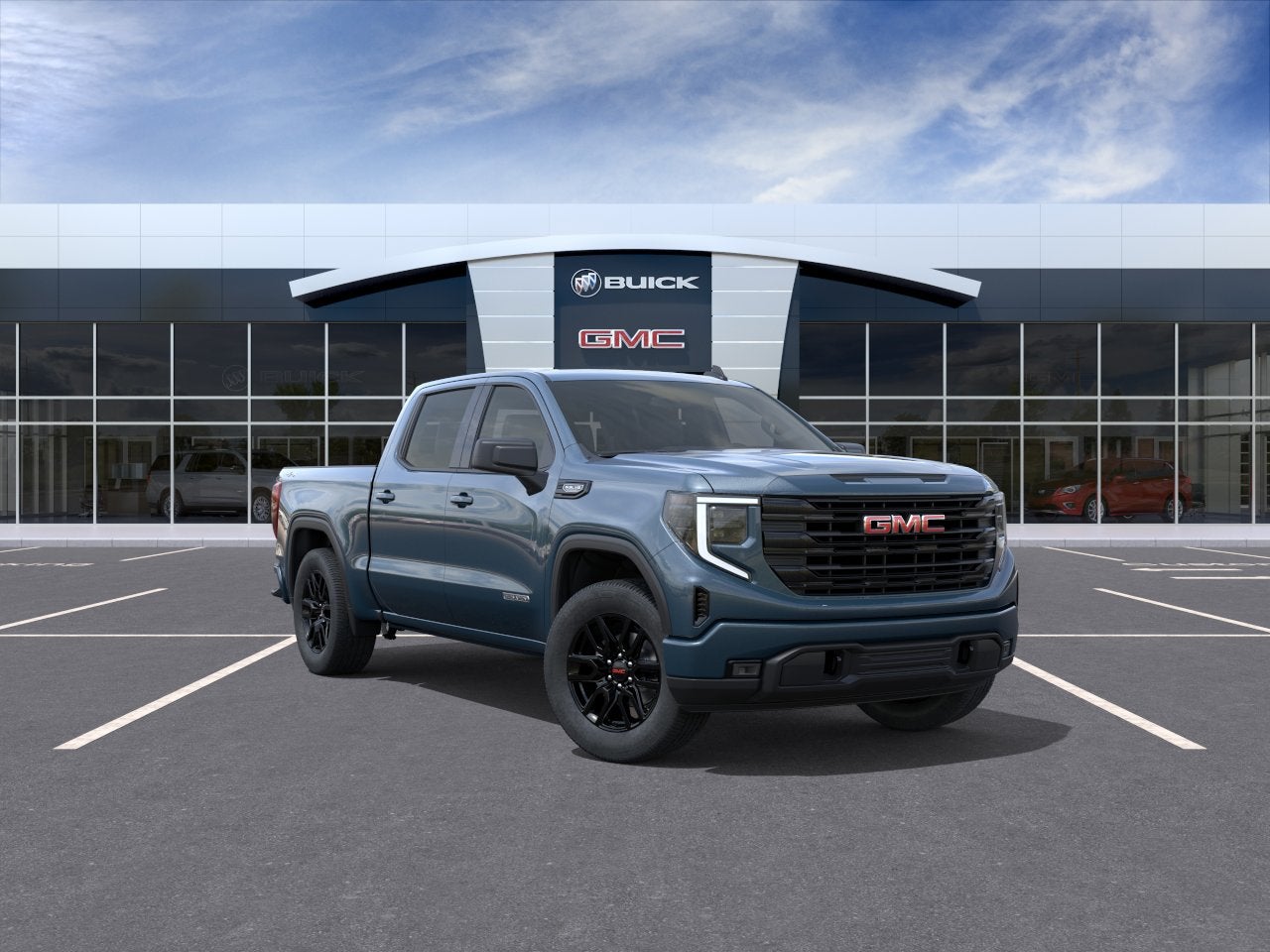 2026 GMC Sierra 1500 Elevation in Downpour Metallic — front three-quarter view